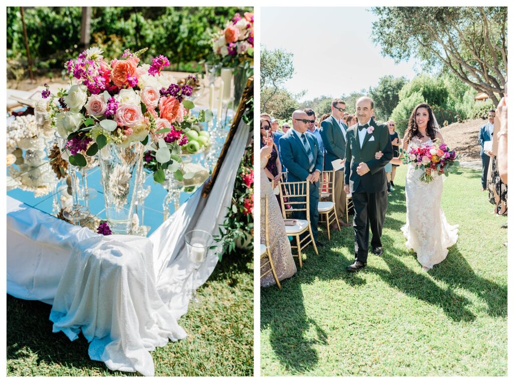 A bride walks down the ceremony aisle with her father towards her sofreh at her Persian wedding at the Casitas Estate, a luxury garden wedding venue in san Luis Obispo.