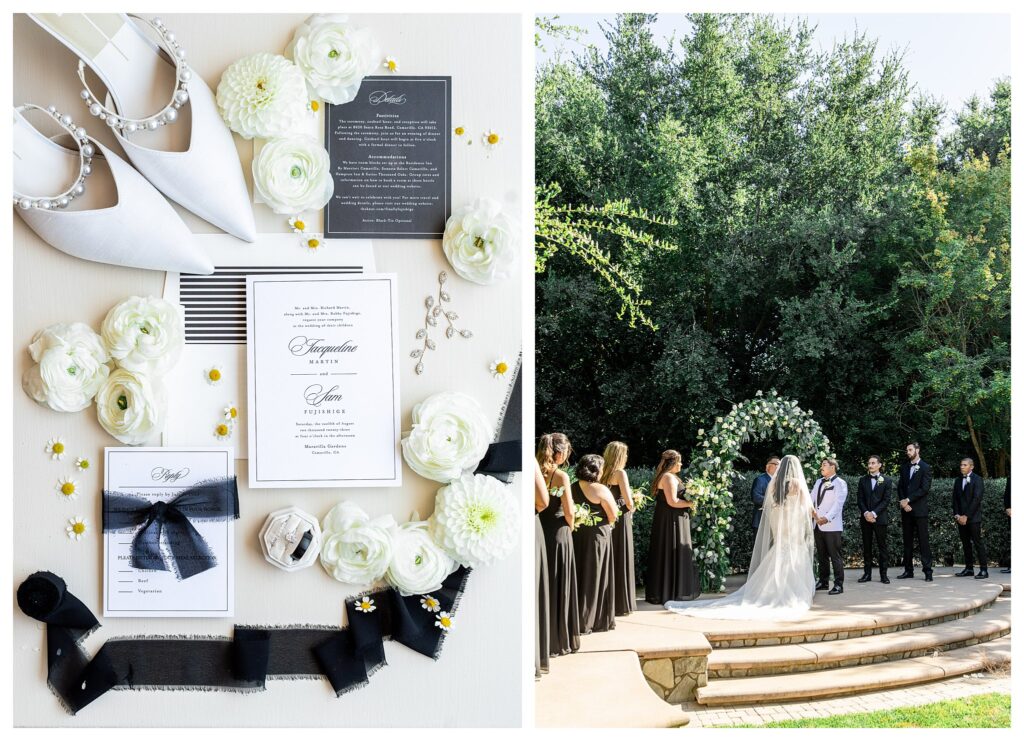 A black and white luxury flat lay with bridal details and wedding invitations from a garden wedding at Maravilla gardens in Camarillo, by a light and airy wedding photographer. 