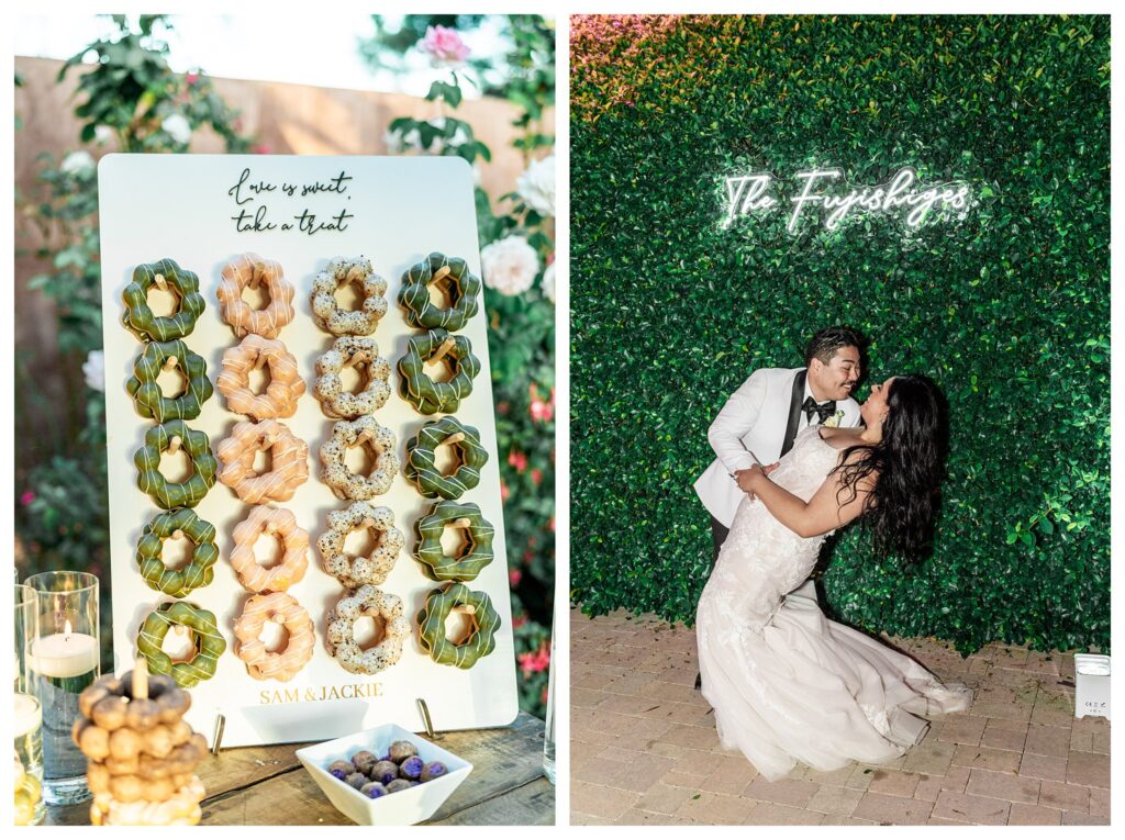 Donut wall whimsical decor at a  luxury wedding at Maravilla gardens in Camarillo, by a light and airy wedding photographer. 