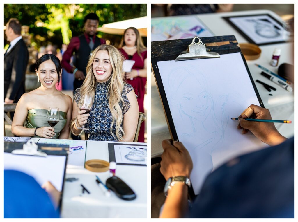 Character artist drawing cartoons of guests during a Wedding reception at Maravilla gardens as a fun guest entrainment idea. 