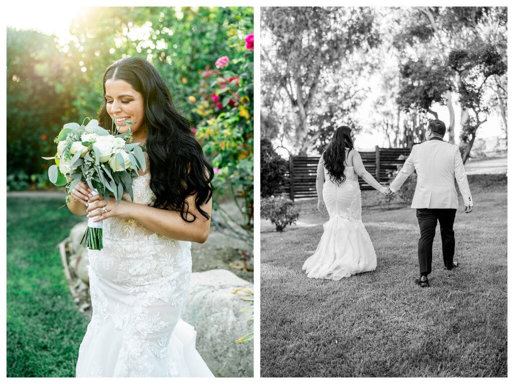 Groom and bride in rose garden at luxury wedding at Maravilla gardens in Camarillo, by a light and airy wedding photographer. 