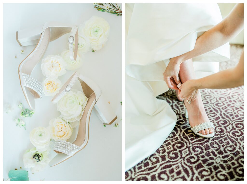 Bride having her shoes with pearl straps put on by bridesmaid before her wedding. 