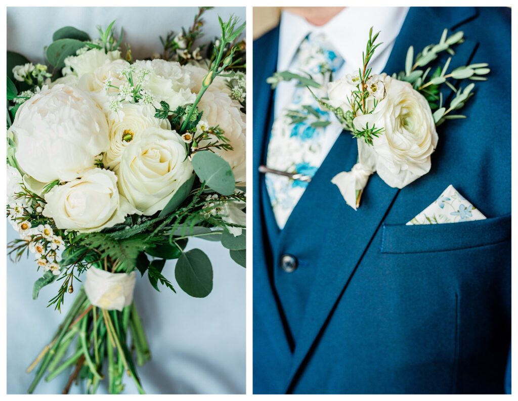 Groom boutonnière of green and white flowers over his blue suite.  