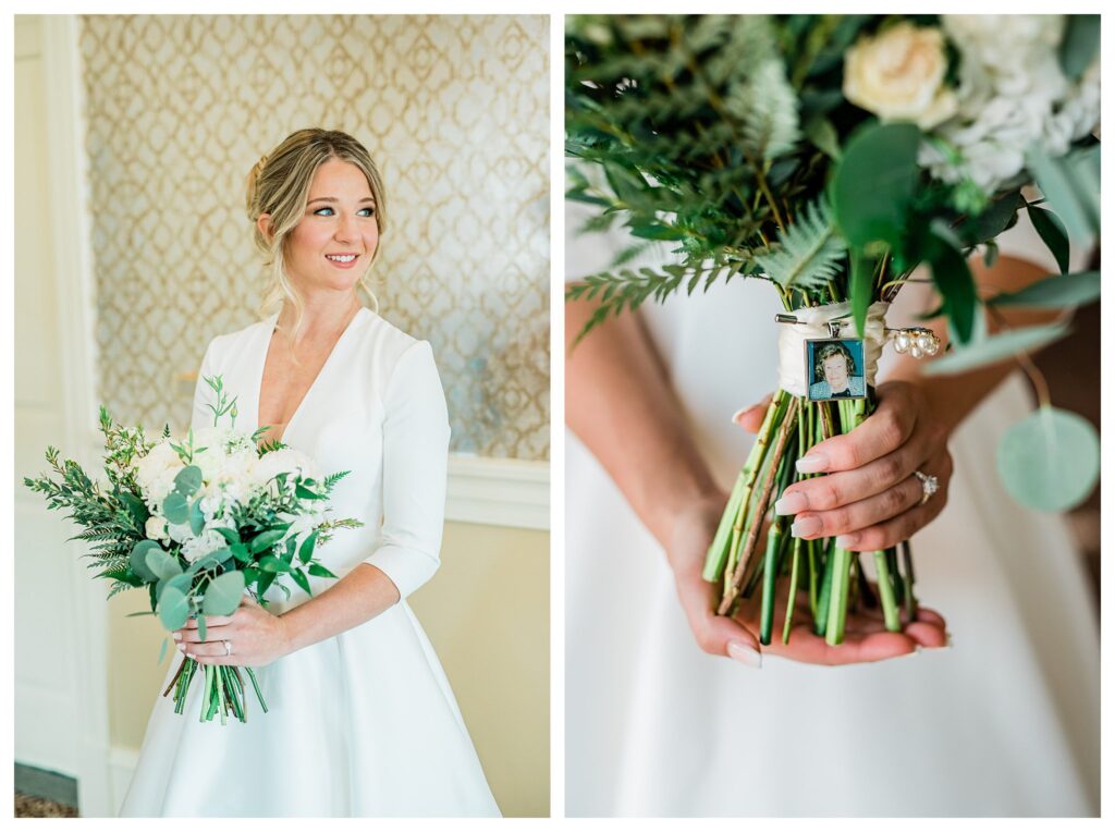 Bride waits for her ceremony at Sherwood Country Club from the bridal suite holding her green and white bouquet.