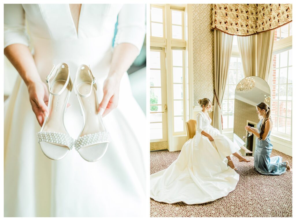 Bridesmaid helps bride put on her shoes, heels with delicate pearls, for her Sherwood country club wedding. 