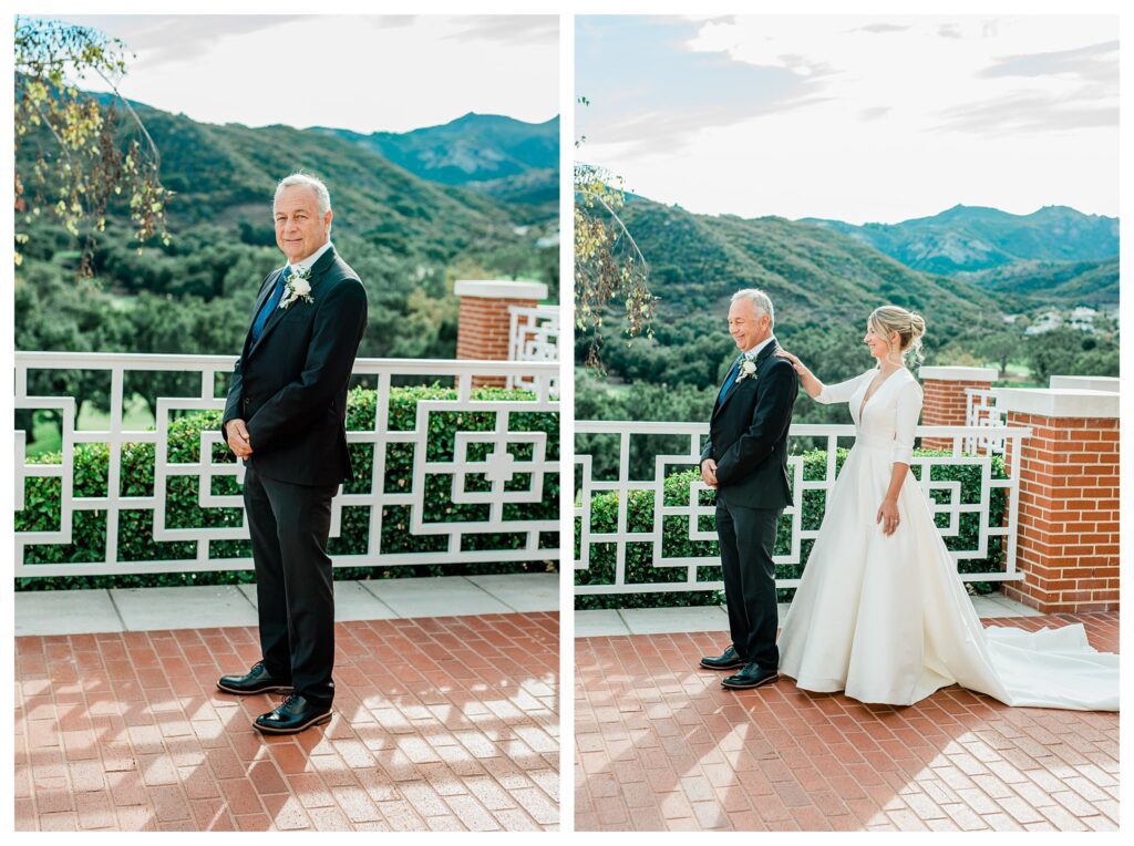 Father of the Bride and Bride during their "first look" at a Sherwood Country Club wedding day, an emotional candid wedding moment. 