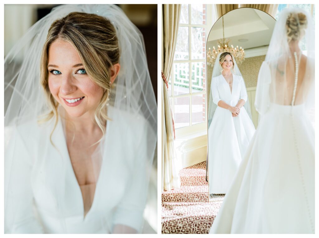 Bride getting dressed in the bridal suite and Sherwood Country Club, wearing a princess style wedding gown. 