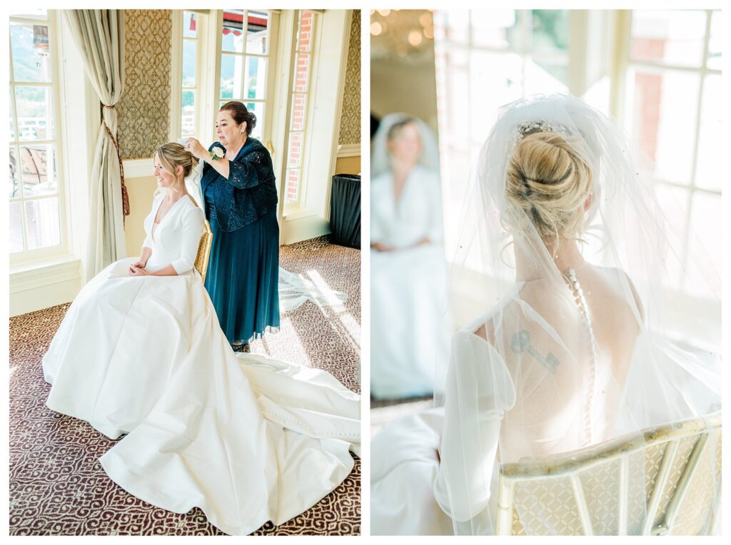 Bride having her veil put on by her grandmother in the Bridal suite at Sherwood Country club. 