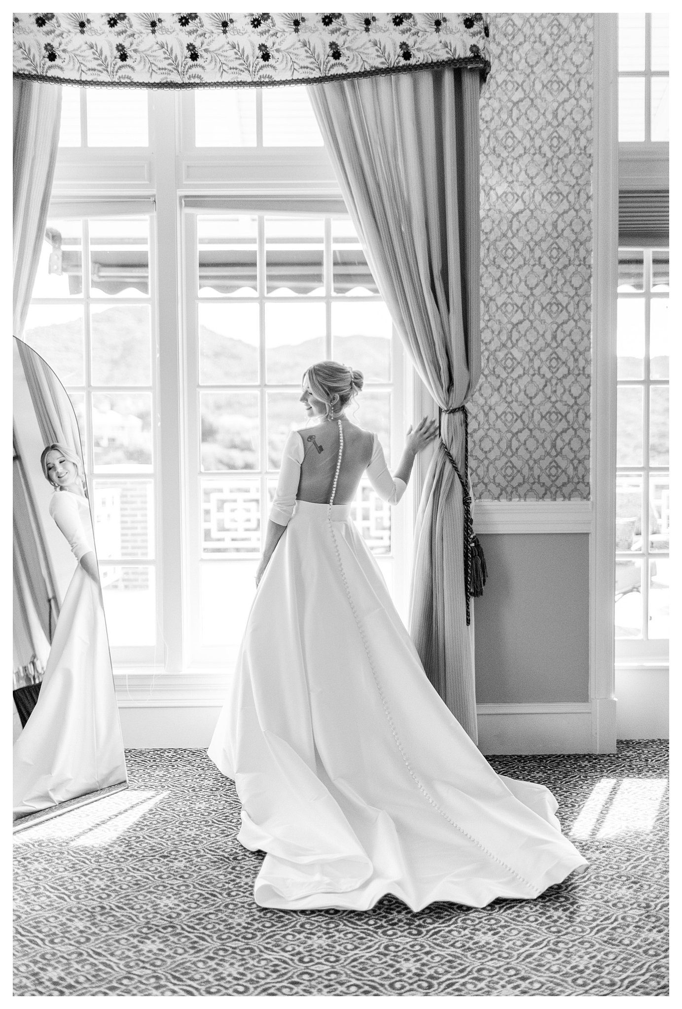 Iconic and timeless bride waits for her ceremony at Sherwood Country Club from the bridal suite.