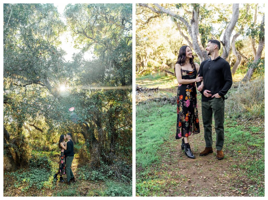A woman and a man kiss under a forest full of moss at a whimsical and dreamy engagement session in the Los Osos Oaks, reserve a forest in San Luis Obispo for a unique engagement session.