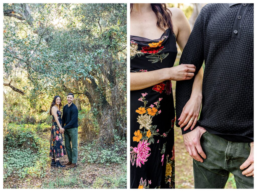 Whimsical and playful couple smiles under a tree at their central coast engagement session wearing modern outfits with colorful flowers.