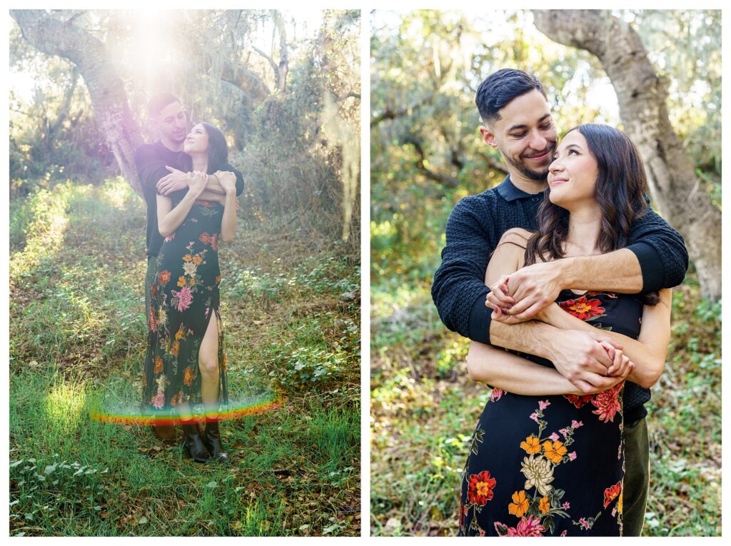 Engagement couple embraces in a dreamy fairytale forest during their engagement session in San Luis Obispo.