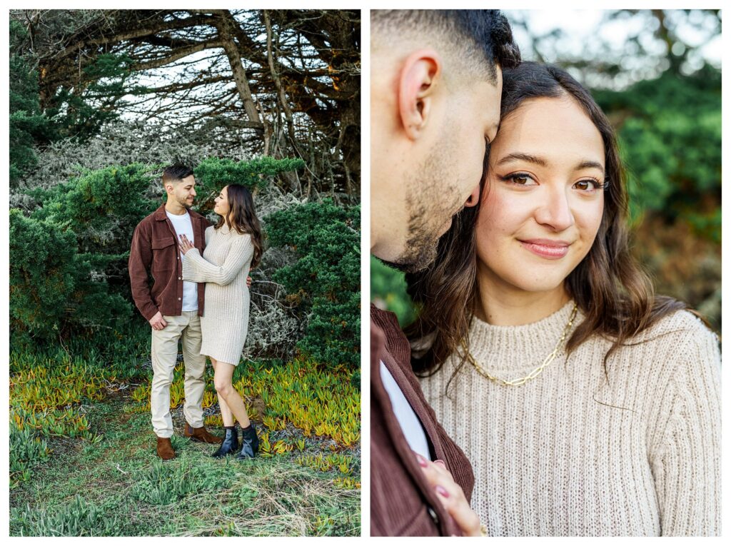 Man and women hold each other with love during their winter engagement session in San Luis Obispo. 