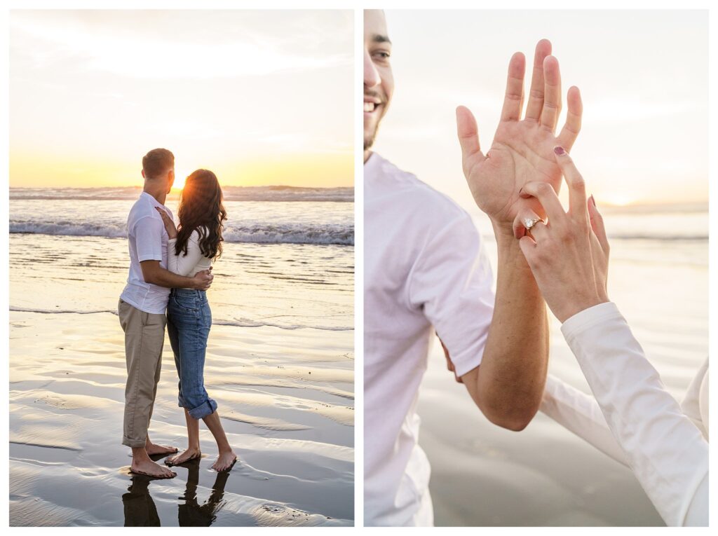 An engage Couple looks at the sunset as a stand in the waves at their Central Coast engagement session for their unique and candid engagement pictures.