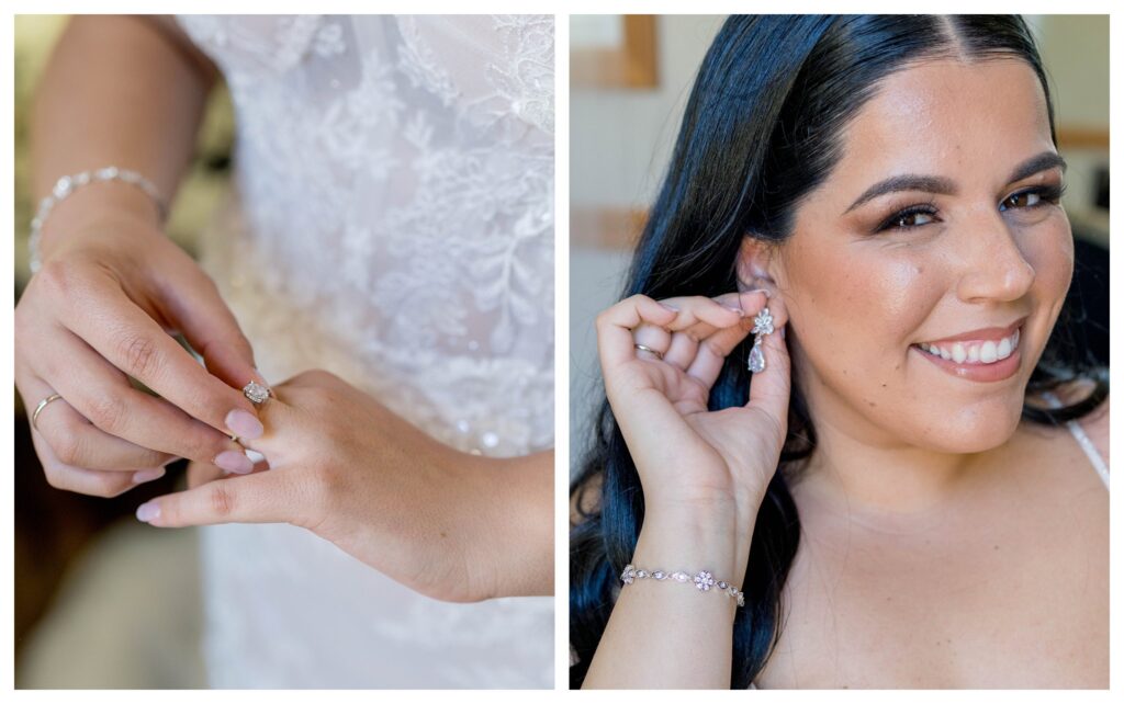 Bride putting on earrings and ring in bridal suite at Maravilla Gardens wedding.

