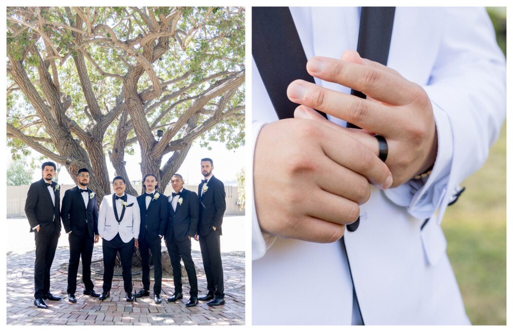 Groomsmen in black tuxes laughing  luxury wedding at Maravilla gardens in Camarillo, by a light and airy wedding photographer. 