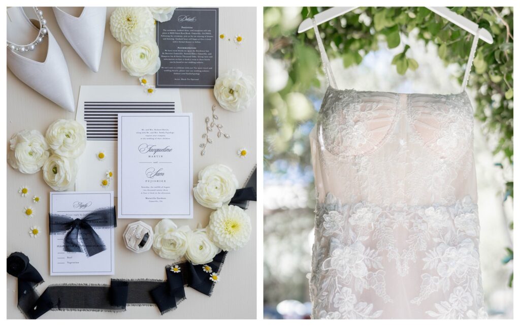 Flat lay of bridal details from a   luxury wedding at Maravilla gardens in Camarillo, by a light and airy wedding photographer. Dress handing and bridal details at a  luxury wedding at Maravilla gardens in Camarillo, by a light and airy wedding photographer. 