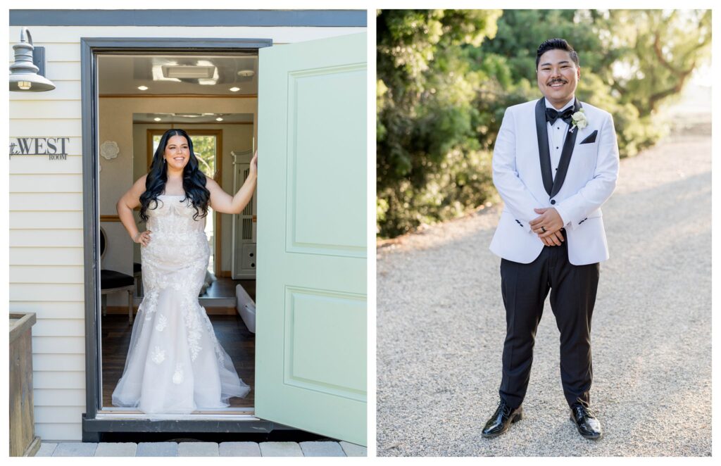 Bride at bridal suite and groom outdoors before ceremony at Maravilla Gardens.

