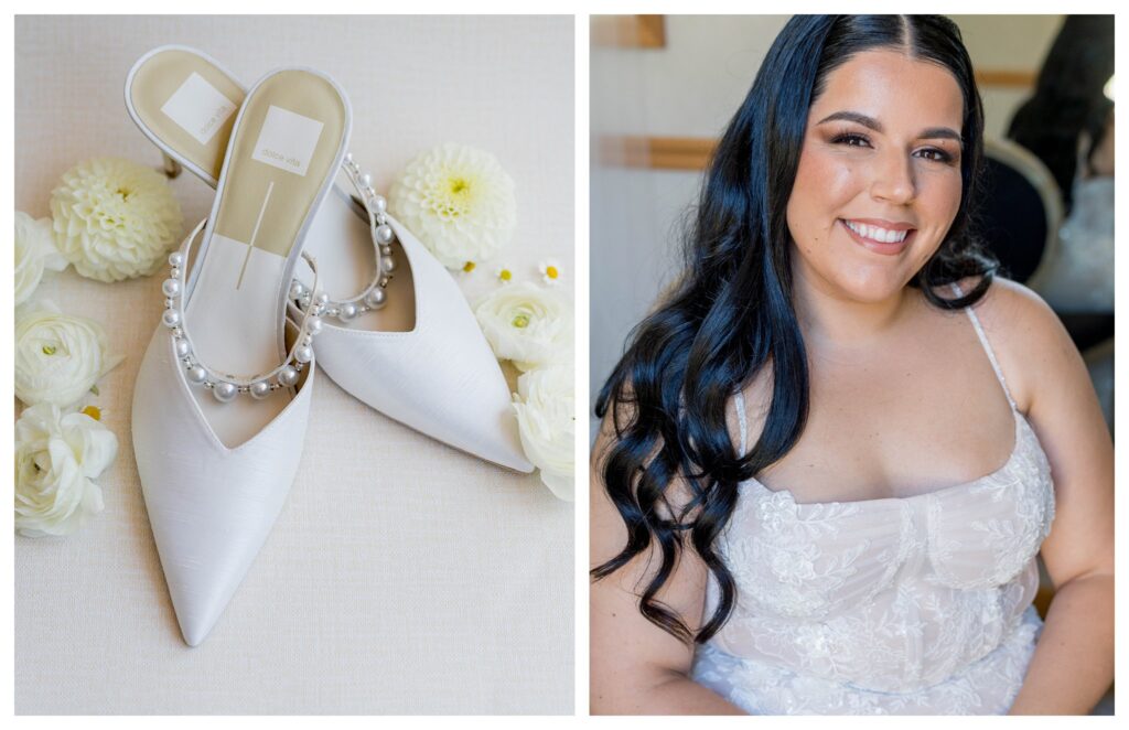 White pearl heels and bridal beauty photo at Maravilla Gardens wedding in Camarillo.


