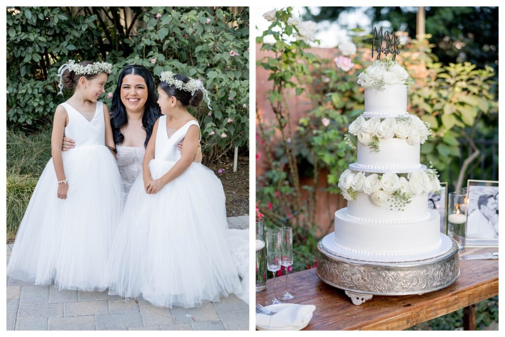 Bride with flower girls and white floral tiered cake at Maravilla Gardens in Camarillo.

