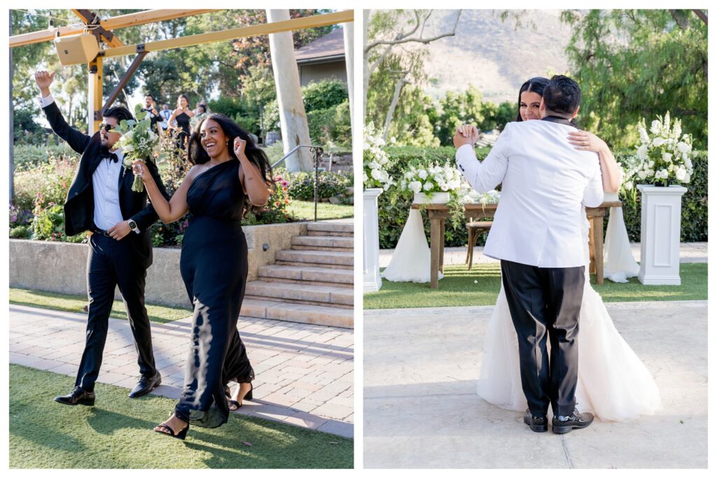 Wedding party grand entrance and couple’s first dance at Maravilla Gardens reception.

