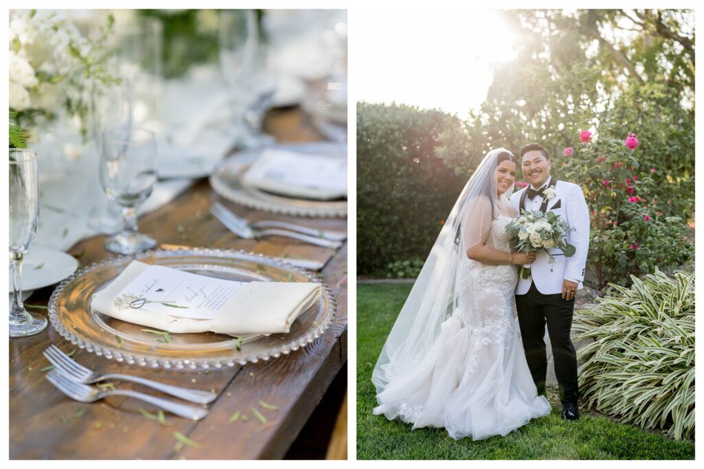 Romantic bride and groom portrait with elegant tablescape at Maravilla Gardens wedding.

