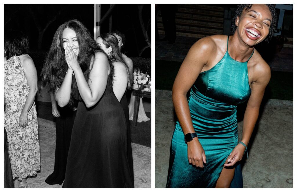 Joyful wedding guests dancing at Maravilla Gardens party