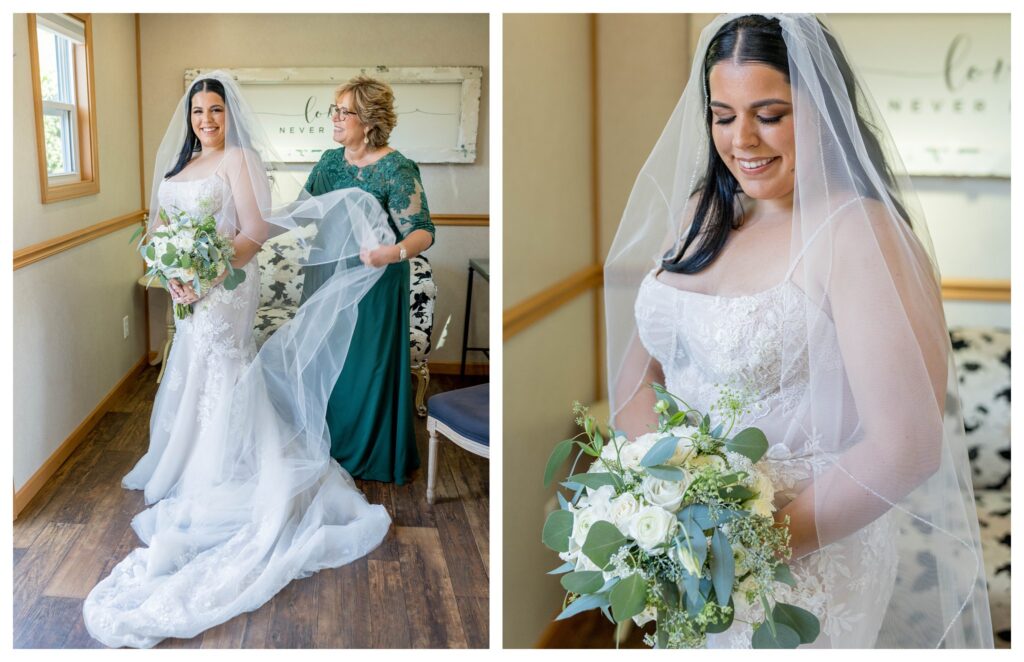 Mother helping bride with veil before ceremony at Maravilla Gardens wedding.

