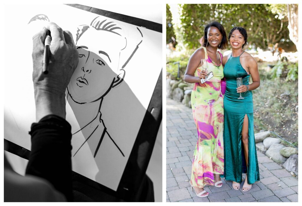 Live sketch artist and stylish guests at cocktail hour at Maravilla Gardens wedding.

