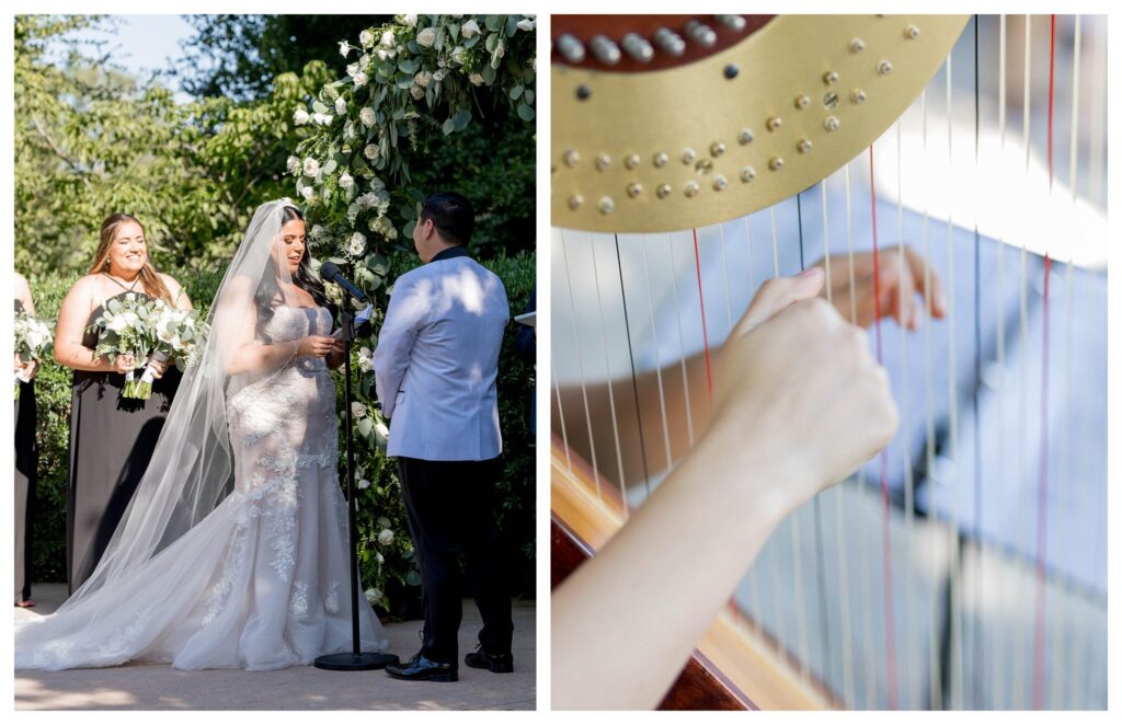 Bride reading vows during ceremony and harpist playing at Maravilla Gardens wedding.

