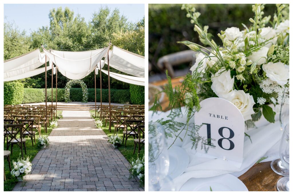 Aisle with canopy drapes and table number decor with florals at Maravilla Gardens wedding.

