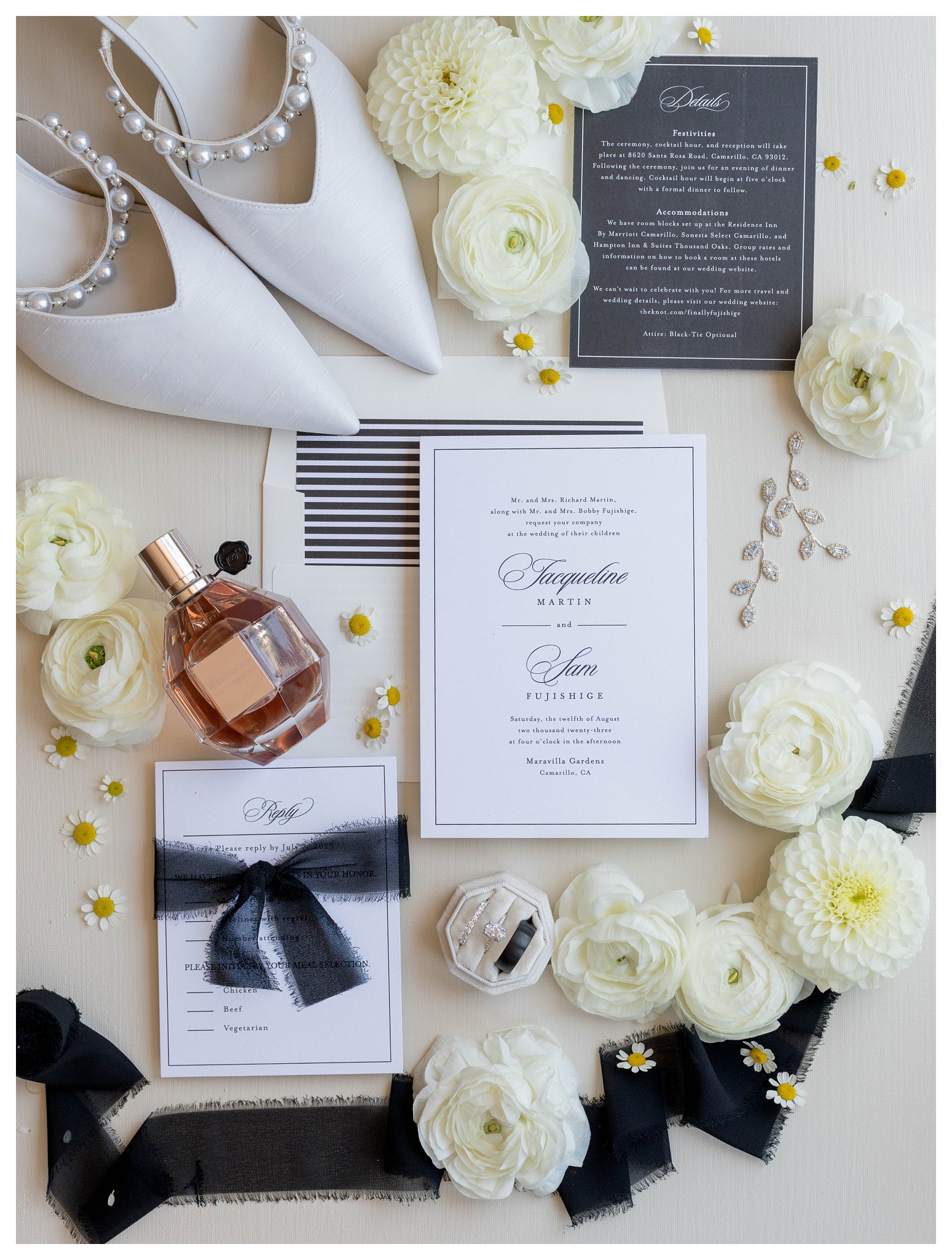 Black-tie wedding invitation suite styled with heels and florals in Camarillo.

