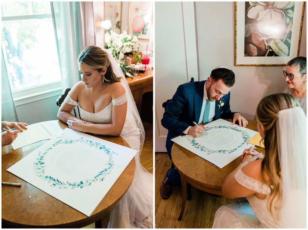 Bride and groom Signing the ketubah during their wedding ceremony at the Lodge at Malibou Lake