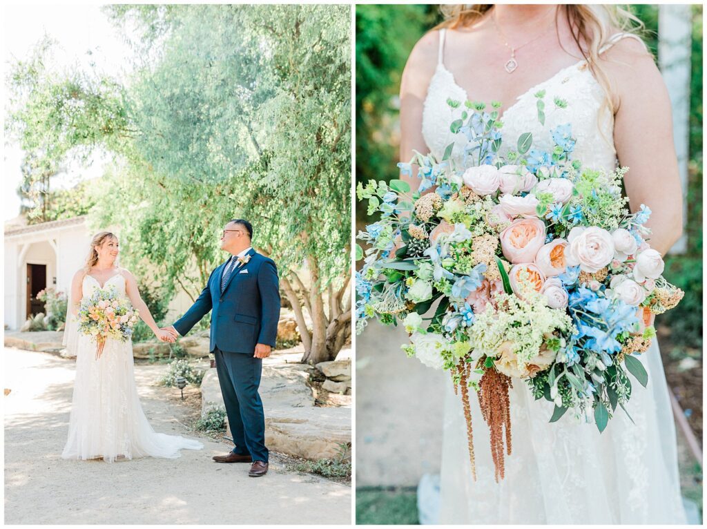 A bride holds a bouquet of pastel flowers after her fairytale wedding at the Madonna Inn, a destination, wedding venue in San Luis Obispo, California.