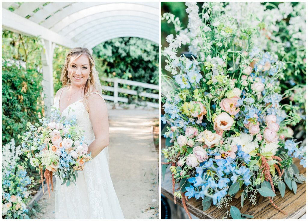 A bride holds a bouquet of pastel flowers during her whimsical and fairytale inspired wedding day at the iconic Madonna Inn, a San Luis Obispo destination wedding venue.