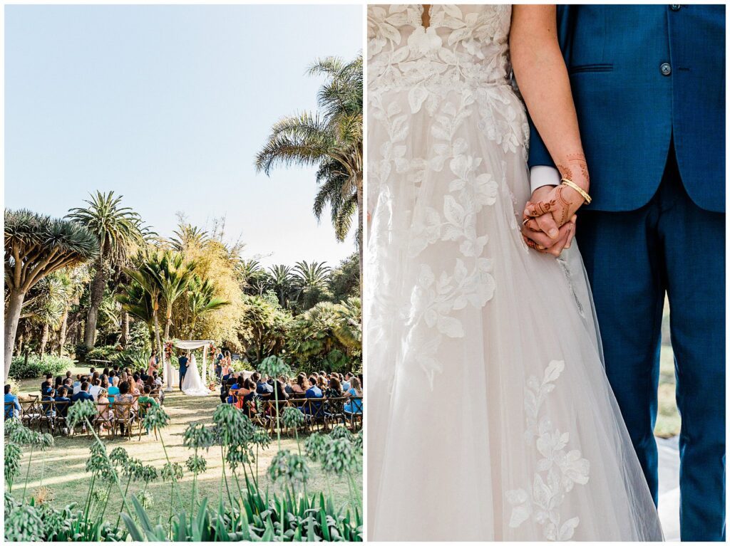 A wedding ceremony at the Santa Barbara zoo in the botanical gardens surrounded by colorful flowers.