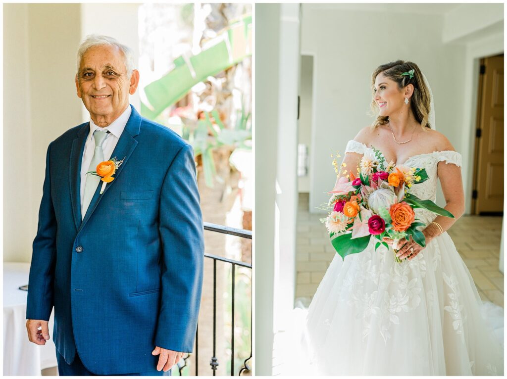 A bride, holding a colorful bouquet of flowers next to her father, getting ready for her wedding at the Ritz, Carlton Bacara in Santa Barbara.