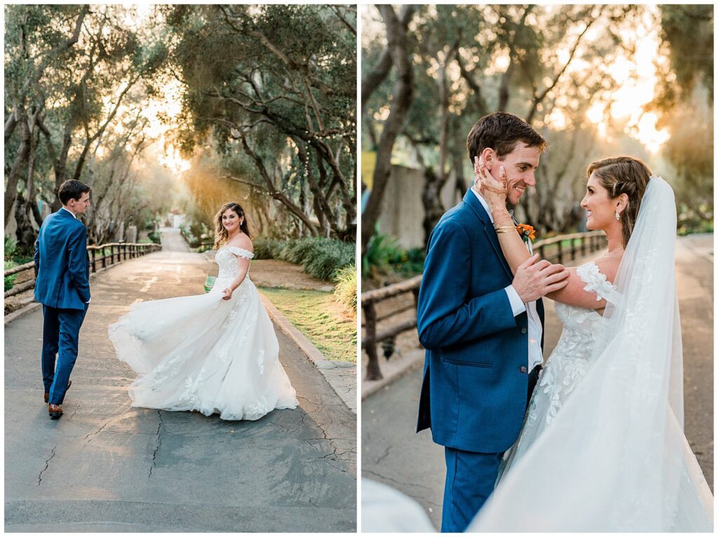 A bride and groom dance in the sunset during golden hour at the Santa Barbara zoo.