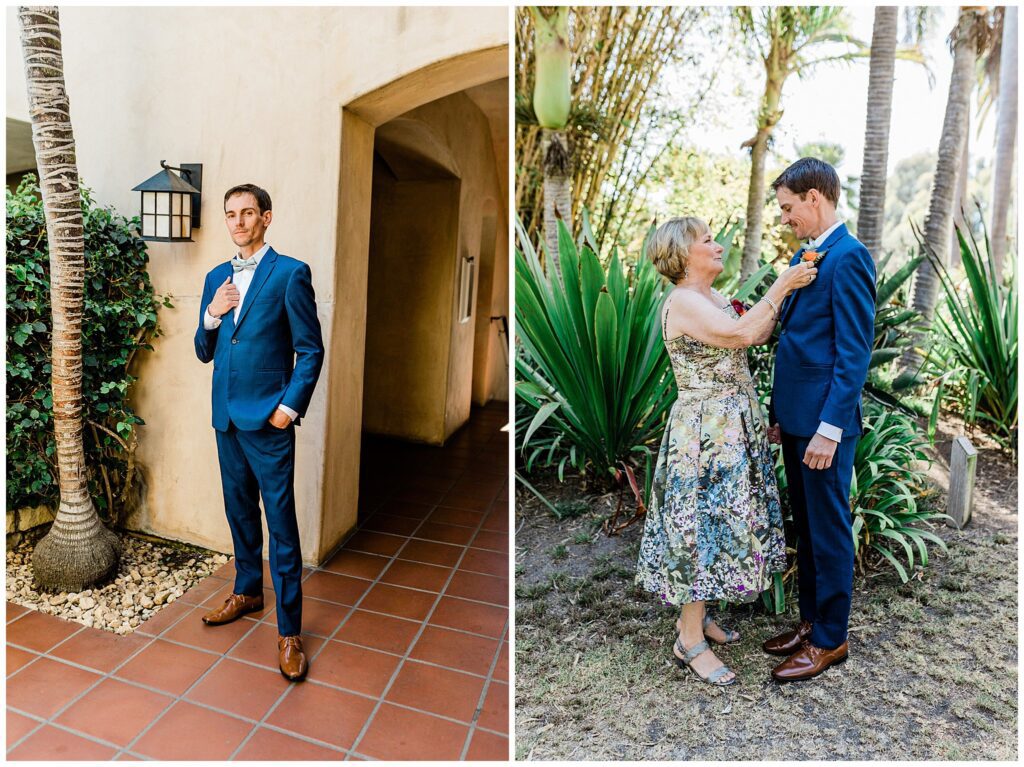 Groom gets ready for his wedding at the Santa Barbara zoo with his mother as she pins on his boutonniere.