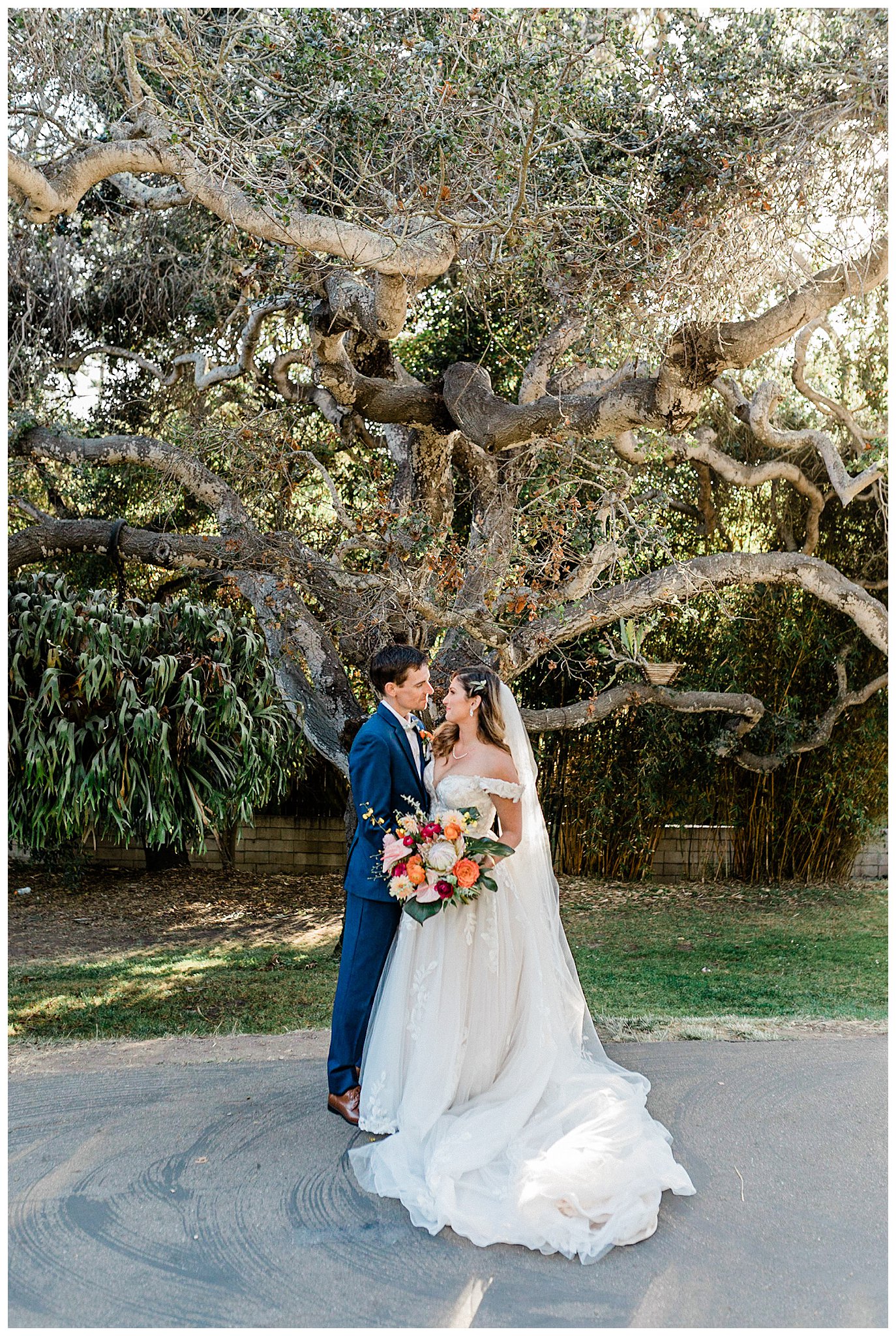 Birde and Groom look lovingly at each other during Sunset photos at the Santa Barbara zoo on their wedding day.