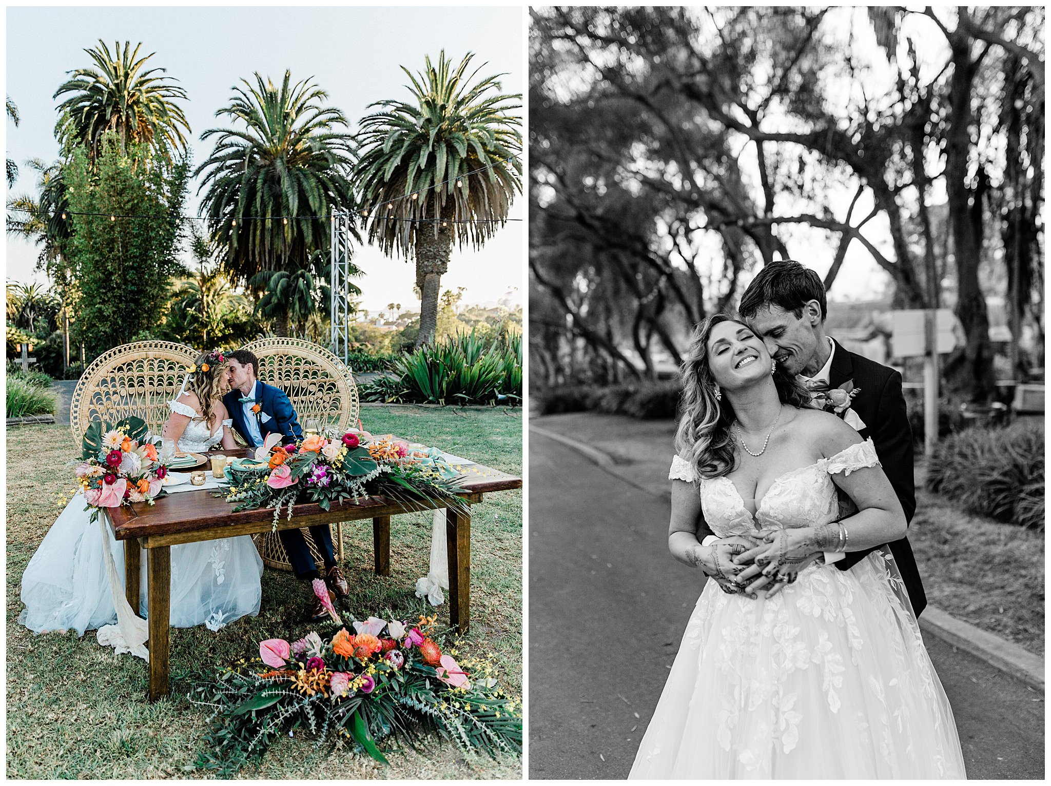 A bright and groom kiss during their wedding ceremony at the Santa Barbara zoo, surrounded by colorful, botanical flowers for a unique and whimsical wedding day experience.