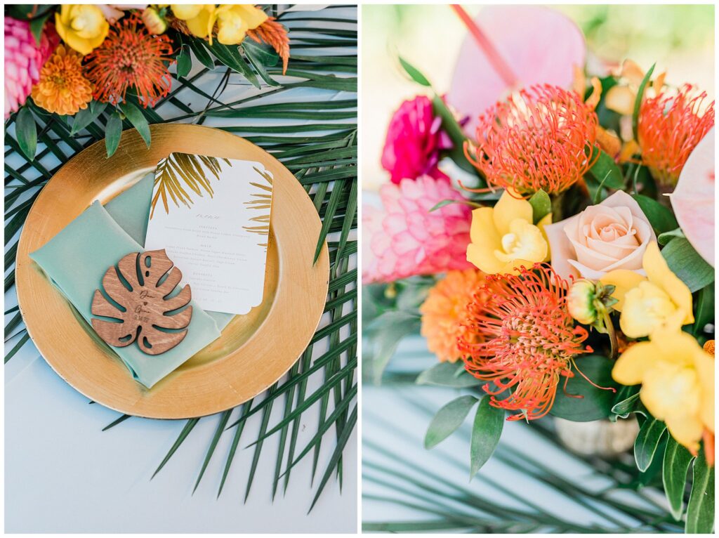 Tropical flowers and plates set up for a wedding at the Santa Barbara zoo with a colorful and summertime wedding style.