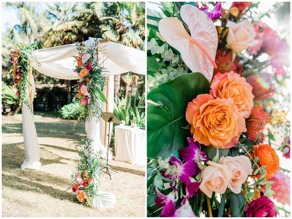 Tropical flowers, decorate a ceremony arch during a wedding at the Santa Barbara zoo in California.
