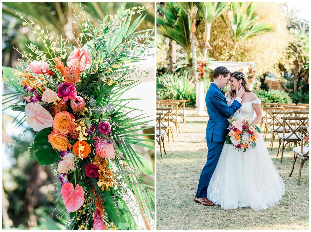 A bride and groom look at each other, holding a bouquet of tropical flowers during their colorful wedding at the Santa Barbara zoo.