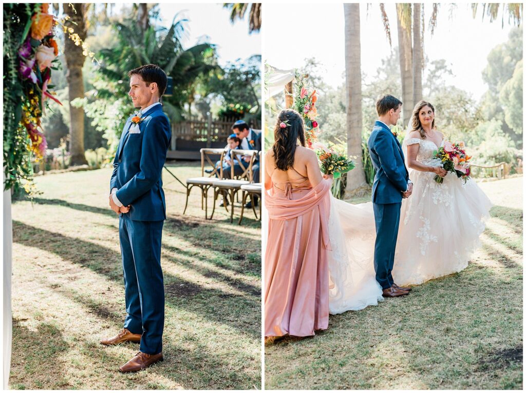 A bride looks lovingly at a groom during their wedding ceremony at the Santa Barbara zoo, a unique California wedding venue.