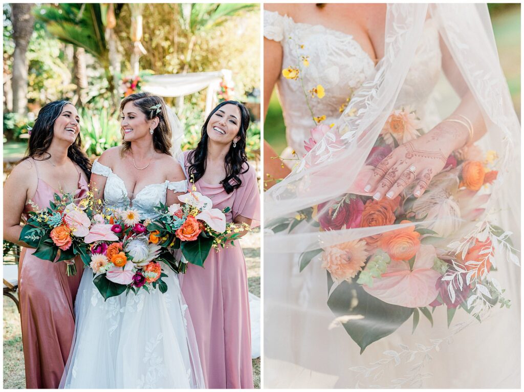 A bride last with her bridesmaids in front of a colorful arrangement of flowers at the Santa Barbara zoo.