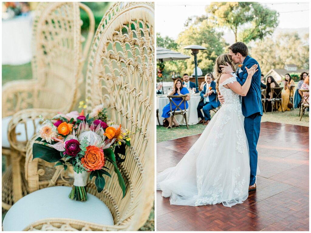 A bright and groom dance during their wedding reception at the Santa Barbara zoo, surrounded by colorful and tropical decor.
