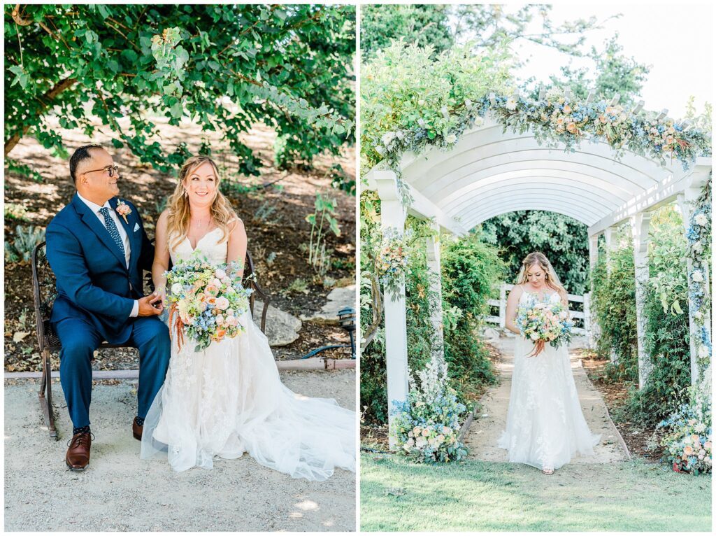 A bride stands under the arbor in the secret garden at the Madonna Inn, holding a bouquet of pastel flowers after her ceremony, during her fairytale themed wedding day.