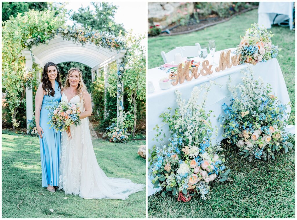 A bride and a bridesmaid in the secret garden at the Madonna Inn, holding a bouquet of pastel flowers during a romantic and fairytale themed wedding.