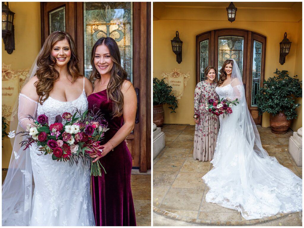 A bride stands with her bridesmaid during her luxury wedding in Paso Robles, California.